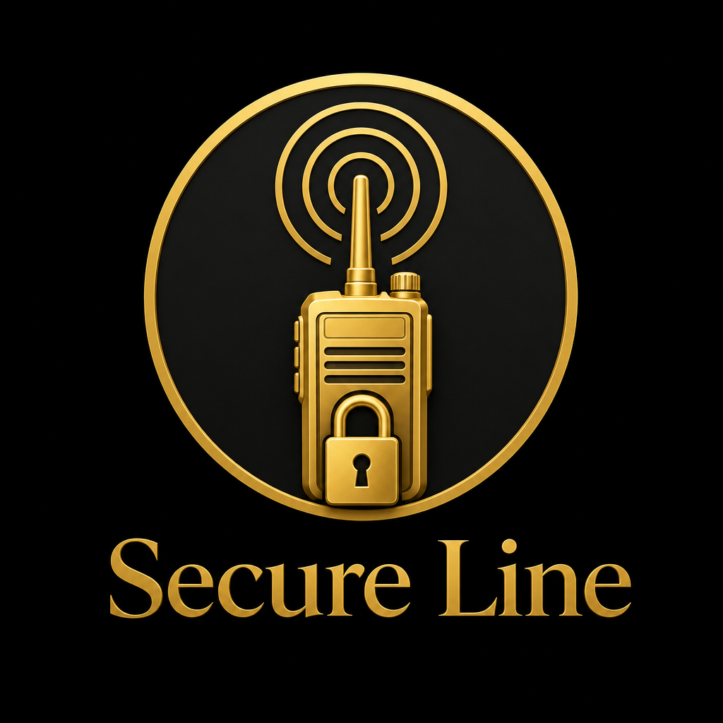 Secure Line — gold walkie-talkie and padlock emblem